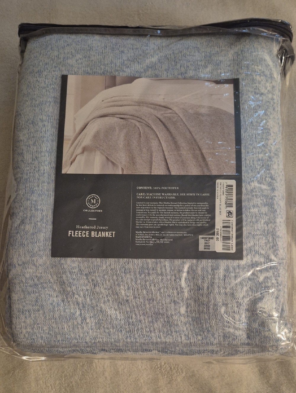 Martha Stewart Queen Size Blanket, Heathered Jersey, Blue, NWT,